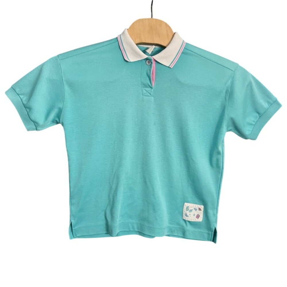Vintage Jantzen Polo Shirt Teal Green Pink White Made in USA Womens Medium